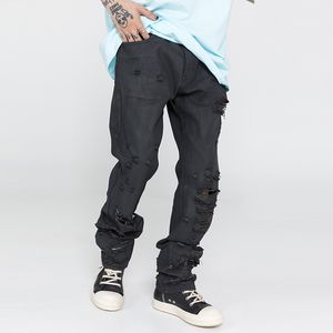 Distressed Hole Black Washed Denim Trousers Mens Streetwear Straight Solid Jeans Oversize Casual Ripped Baggy Jean Byxor