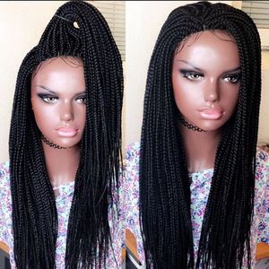 Parte de cabelo brasileiro trançado caixa tranças peruca longa cabelo preto sintético perucas dianteiras do laço para as mulheres resistente ao calor cosplay laço wi8426202