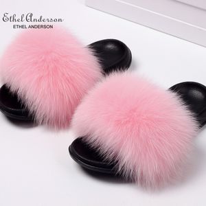 ETHEL ANDERSON Real Fox Raccoon Fur Slippers Slides Lady Retro Summer Flip Flops Casual Fluffy Fur Sandals Plush Shoes LJ200903