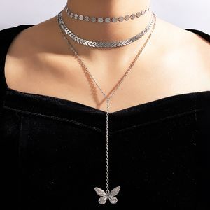 Pretty Butterfly Hänge Halsband Charms Leaf Wafer Long Clavicle Chain Silver Färg Alloy Metal Smycken För Kvinnor
