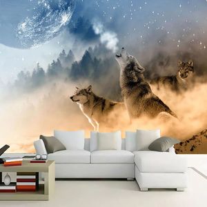 Pinturas na Parede Wolves Personalizado 3D Wallpaper Modern Starry HD Sky Animal Planet Murais Abstract Art Sala Quarto Fundo