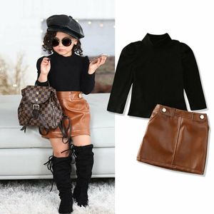 2021 Newest Hot Toddler Baby Girls Kids Turtleneck Long Puff Sleeve Sweater Tops + Leather Pencil Skirt 2PCS Outfit Clothes Set 201031