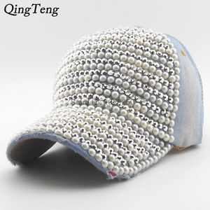 Pearl Rhinestone Fashion Baseball Cap Brim Woman Snapback Mössor Denim Jeans Hip Hop Women Cowboy Luxury Casquette Baseball Y200714