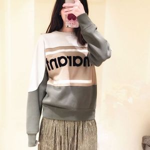 Contrast color women sweatshirt flock print long sleeve oneck casual wild lady pullover tops 201204