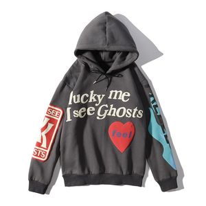 LUCKY ME I SEE GHOSTS Letter Print Sweatshirt Men Halloween Graffiti Fleece Winter Hooded Hoodies Hip Hop Long Sleeve Coats Y0111