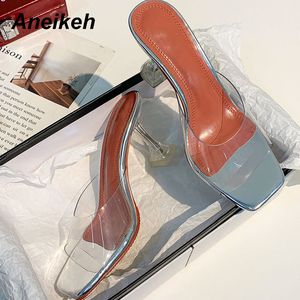Aneikeh pvc diabilder kvinnor strand mode kvinnor heeled sandaler tofflor kvadrat tå eleganta tofflor damer gelé skor storlek 34-42 x1020
