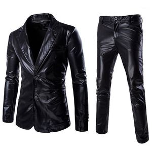 Herrenanzüge Blazer SHUJIN Männer Beschichtetes Gold Anzug Set 2 Stück Jacken + Hosen Sets Kleid Blazer Hochzeit Party Show Glänzende Kleidung1