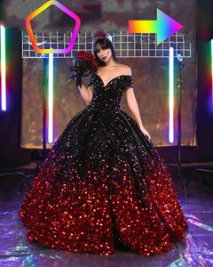 Ombre Black Red Glitter Quinceanera Dresses 2023 Plus Size Ball Gown Masquerade Princess Girl Sequin Long Sweet 16 Prom Dresses for 15 Years Off-the-Shoulder Quince 15