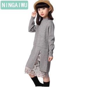 Neue Mädchen Kinder Winter Pullover Kleid Spitze Nähte Split Lange Rollkragen Gestrickte Kinder Mädchen Lange Ärmel Kleid Party Kleidung LJ200923