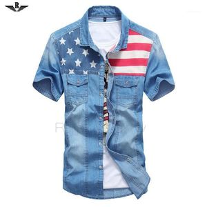 Sommer stil, Mode, Feste kurzarm Hemd Flagge Männlich Casual fitness Camisa Jeans Masculina drehen-unten Denim Shirt1