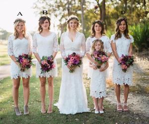 Onur törenlerinde Elegant V Yaka Country Style Beyaz Tam Dantel Kılıf Gelinlik Giydirme Uzun Kollu Diz Boyu Düğün Elbise Hizmetçi