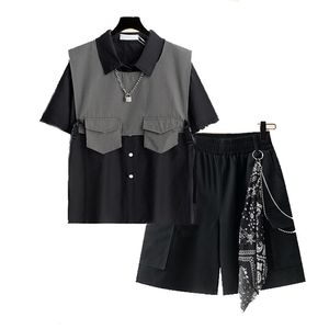 Sommar hajuku Loose Chain Cargo Shorts T Shirt + Cargo Two Piece Set Tre-Pipe Suit 220302