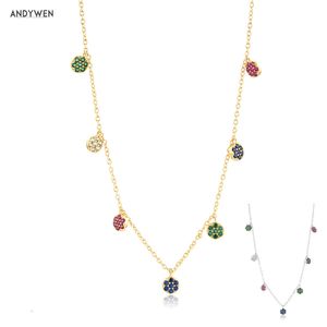 ANDYWEN 925 Sterling Silver Gold Colorful Zircon Crystal Round Flower Charms Pendant Choker Necklace Long Chain Women Fine Jewer Q0531
