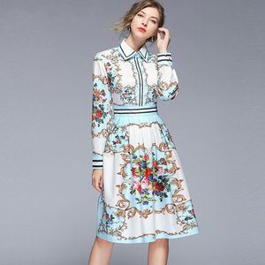 Women's Runway Floral Maxi Dress Shirt Long Sleeve Robe Angels Horses Print Striped Pleated Holiday Casual Autumn Dress 201204