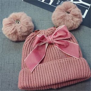 9styles Cute Double Fur Ball Bow Hats Baby Pom Pom Beanie Cap Toddler Kids Baby Winter Warm Crochet Knitted Party Caps