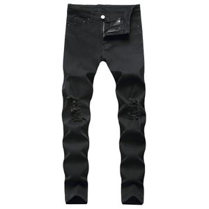 Godlikeu Mens rippade jeans förstör nödställda stretch svart elasitc mager denim byxor