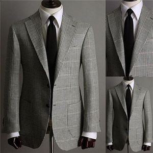 Mode Houndstooth Bröllopssmoking Män Kostymer Skräddarsydd jacka Glen Pläd Smoking med två knappar Toppad lapel Blazer Business Casual Coat