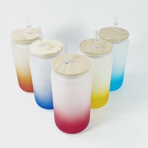 16 Unzen Sublimations-Gradienten-Mattgläser mit Holzdeckeln, Kunststoff-Strohhalme, 6 Farben, gerade, leere Wasserflaschen, DIY-Wärmeübertragungs-Weinbecher A12