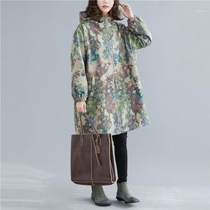 Kvinnor Down Parkas Plus Size Vintage Print Floral For Women Winter Coat Hooded dragkedja fickor Löst 2021 kinesisk stil varma parkas1