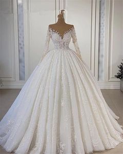 2022 Bling Luxury Ball Gown Abiti da sposa Abiti da sposa Appliques in pizzo Gioiello Collo Maniche lunghe Illusion Perline di cristallo Lunghezza del pavimento Vestidos De Novia Plus Size