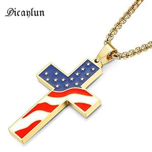 ペンダントネックレスDicaylun American USA FLAG GOLD CROSSステンレススチールエナメルイエス宗教ジュエリーアミュレットクリスチャン1