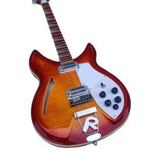 3stom 12-saitige E-Gitarre mit halbhohlem Korpus, Saitenhalterbrücke, Farbe Cherry Burst, Griffbrett aus Palisander, 360-Grad-E-Gitarre