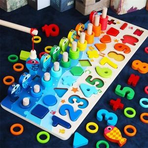 Baby Montessori Math Toys Giocattoli educativi per bambini in legno 5 in 1 numeri di conteggio della pesca corrispondenti a forma digitale Log Board Puzzle Toy LJ200907