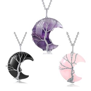 nuova luna di avvolgimento Ciondolo in pietra naturale viola cristallo albero della vita collane collana di alberi ricchi fatti a mano