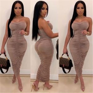 Sexy Bez Ramiączek Bodycon Kobiet Sukienki Nieregularne Ruched Długa Sukienka Lato Moda Trend Folds Casual Club Party Women Odzież