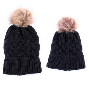 2PC Parent Child Pom Winter Hats Sticked Beanies Cap Mother Kids Fur Ball Beanie Hat Outdoor Ski Headwear 376