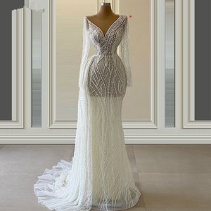 Pearls See Through Mermaid Wedding Dresses Sheer Neck Jewel Bridal Gown Custom Made Lace Appliques Sequins Illusion Robes De Mariée