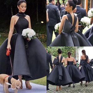 Halter Black Bridesmaid Dresses Ankle Length Ball Gown Garden Wedding Guest Party Dress Elegant Satin Bow Maid Of Honor Gowns Plus Size Formal Occasion Wear AL8492