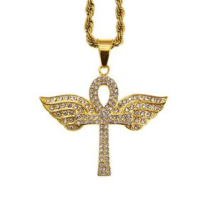 Religiös Afrika Agypt Ancient Egyptian Angel Wings Cross Halsband Symbolen för Life Coptic The Ankh Pendant med Crystal Rhinestones