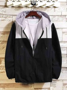 Homens de cor-bloco de cor cordão zip-up windbreaker jaqueta jaqueta masculina versátil forma casual jaqueta de correspondência de cor 220119