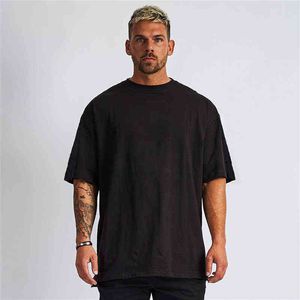 Mens Loose Oversized Fit Short Sleeve T-shirt med tappad axel Retro Fitness T Shirt Summer Gym Bodybuilding Tops Tees G1222