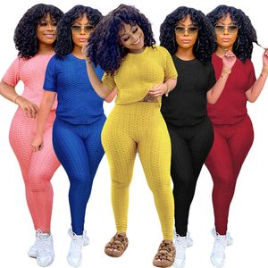 Plus size 2X Summer women jogging suit two piece set solid color sportswear short sleeve T shirt+yoga pants casual outfits tracksuits 4427