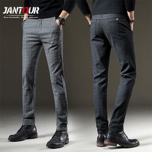 Marca dos homens calças xadrez casuais longos calças de algodão cinzento preto azul skinny work calça para macho clássico roupas jogging 220311