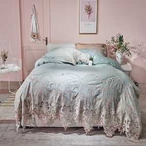 Spets egyptisk bomull drottning kung storlek sängkläder set blå rosa guld säng set monterad sängkläder duvet täcker ropa de cama parrure de upplyst t200706