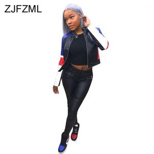 Women's Jackets Streetwear Motorcycle Pu Faux Leather Crop Coat Jacket For Women Long Sleeve Zipper Up Outwear Fashion Casual Color Block Co