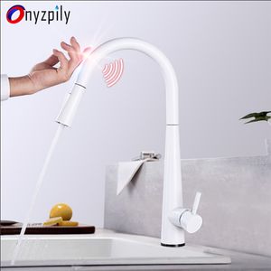 Onyzpily Sensor Kitchen Faucets White Touch Inductive Sensitive Faucets Mixer Water Tap Single Handle Dual Outlet Water Modes T200710