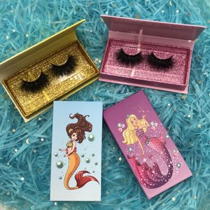 Meerjungfrau-Wimpern-Paketbox, 25 mm, 3D-Nerzwimpern, rosa, blau, rechteckig, magnetisches Wimpernetui ohne Wimpern