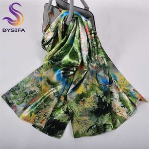 [BYSIFA] Green Blue Ladies Satin Long Silk Scarf Shawl Fashion Brand Scarves Printed Spring Fall Female Head 160*70cm 220106