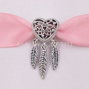 Andy Jewel authentische 925-Sterlingsilber-Perlen von Pandora, durchbrochenes Herz, drei Federn, Traumfänger-Charm, passend für europäischen Pandora-Stil-Schmuck, Br