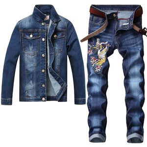 2022 Blue Tracksuits Chinese Style Crane Broderi Mäns uppsättningar Slim Fit 2pcs Set Spring Autumn Långärmad Denim Jacka + Stretch Jeans