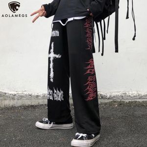Aolamegs calças góticas homens japoneses casuais sweatpants graffiti anime punk hippie perna larga calças harajuku high street streetwear 220212