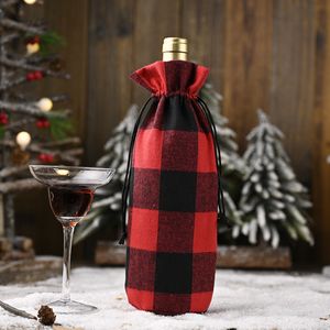 Ny julklapp vinflaska täcker påsar Drawstring Black Red Plaids Champagne Wines Bottles Cover Xmas Presentpåse Dekoration BH4130 TYJ