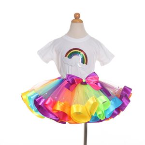 Bebê menina aniversário equipamento tutu saia com roupas de t-shirt conjunto de roupas de arco-íris meninas dançam roupas roupas para crianças crianças