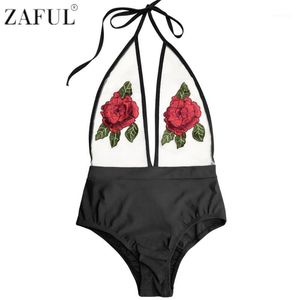 Swimwear das mulheres Atacado - Zaful 2021 Sexy See-the Vintage Flower One Piece Banheira Terno Verão Beachwear Bodysuit Monokini1