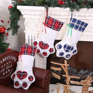 Creative Dog Paw Christmas Stocking Gift Bag Appeso Albero di Natale Ornamento Plaid Natale Stock Decorazione natalizia Calzino Borse WVT1227