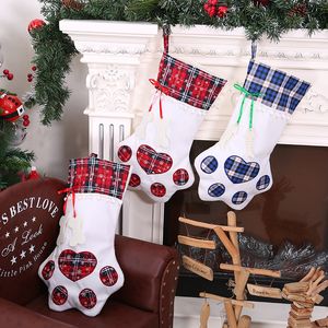 Kreatywny pies Paw Christmas Stocking Torba wisząca ozdoba choinkowa Plaid Christmas Stock Sock Torby WVT1227